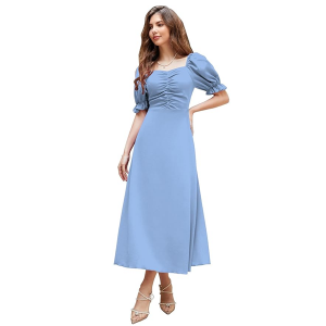 Girl's & Women's Solid A-Line Ruched Puff Sleeve Maxi Long Evening One Piece Long Dress