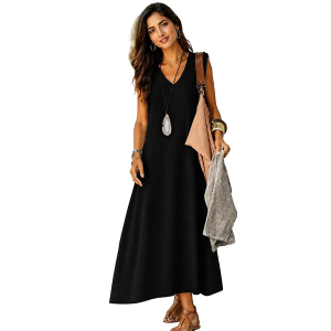 Women's Viscose Sleeveless V-Neck A-Line Maxi Dress Casual Long Dress