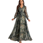 Women’s Printed Wrap Maxi Gown || V‑Neck Long Sleeve Belted Flowy Dress for Parties