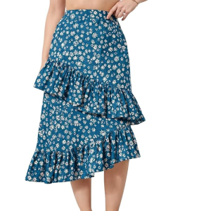 Women Floral Printed Asymmetric Ruffled Midi Skirt | Elegant Flowy Fit