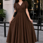 Girl's & Women's Solid Color V-Neck A-Line Maxi Dress for Women