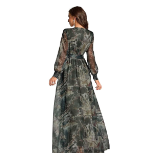Women’s Printed Wrap Maxi Gown || V‑Neck Long Sleeve Belted Flowy Dress for Parties