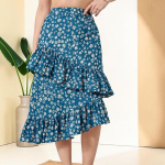 Women Floral Printed Asymmetric Ruffled Midi Skirt | Elegant Flowy Fit