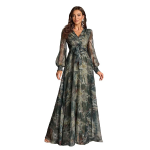 Women’s Printed Wrap Maxi Gown || V‑Neck Long Sleeve Belted Flowy Dress for Parties