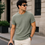 Men’s Waffle Textured T-Shirt | Solid Regular Fit Round Neck Half Sleeve Casual Wear Tee