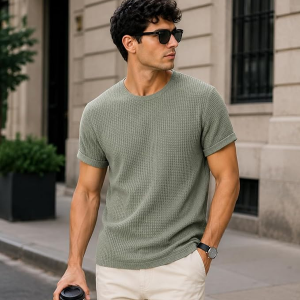 Men’s Waffle Textured T-Shirt | Solid Regular Fit Round Neck Half Sleeve Casual Wear Tee