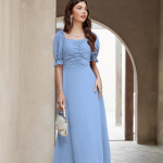 Girl's & Women's Solid A-Line Ruched Puff Sleeve Maxi Long Evening One Piece Long Dress