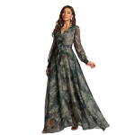 Women’s Printed Wrap Maxi Gown || V‑Neck Long Sleeve Belted Flowy Dress for Parties