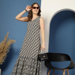 New Rayon Floral Printed Sleeveless Fit and Flared Maxi Dress for Women