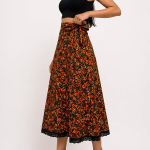 Women's Floral Printed Wrap Skirt with Lace Border | Adjustable Tie-Up Midi Skirt