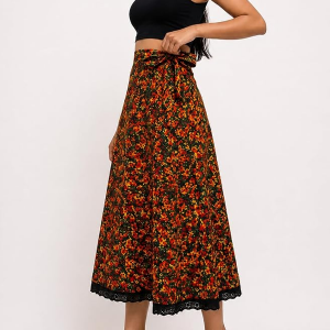 Women's Floral Printed Wrap Skirt with Lace Border | Adjustable Tie-Up Midi Skirt